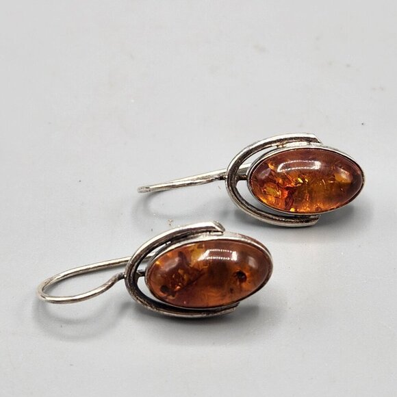 Jewelry - Oval Amber Drop Earrings on Sterling Silver Setting